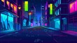 Urban architecture, megalopolis infrastructure in darkness, night city street with green neon glowing illumination, cartoon modern illustration showing neon glow buildings.