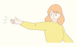 Young woman spreading hand  to the side, showing something, introducing someone, giving direction, demonstrating place for ad, presenting product. Hand drawn flat cartoon character vector illustration