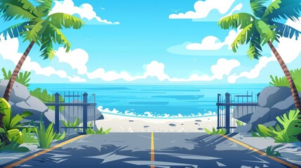 Wall Mural - A tropical tropical background with palm trees and an empty asphalt road with a fence, an ocean coast landscape with blue water surface on the skyline, and a cartoon sky with white clouds.