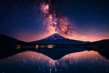 Wall Mural - The breathtaking Milky Way stretches across the night sky, mirrored perfectly in the tranquil waters at the base of a snow-capped mountain.
