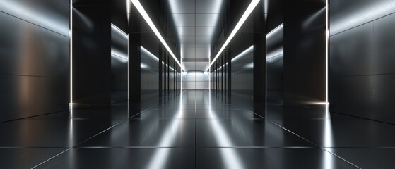 Sticker - The interior background of a dark corridor features lighting and reflections. This is a 3D render.