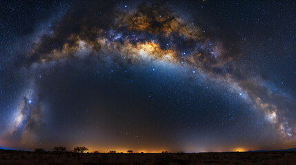 Wall Mural - A mesmerizing panorama of the Milky Way galaxy unfolding above a serene desert mountain range at night.