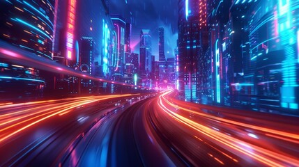 Wall Mural - A cityscape with neon lights and a highway with cars driving by