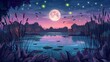 In a full moon night, swamp and cattails are found near a lake. A pond with bulrush is in a park. Shining water surface in a river with floating glowworms is in a fantasy cartoon illustration.