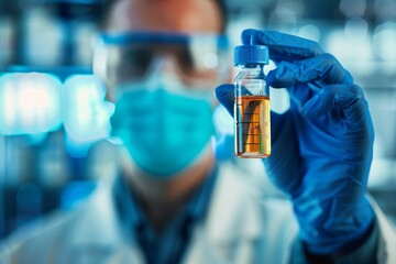 Wall Mural - A man in a lab coat holding a bottle of liquid