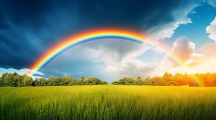  A Beautiful Rainbow Arcing Over A Lush Green Meadow Against A Blue Sky