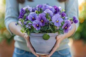 Poster - A woman is holding a blue vase with purple flowers in it