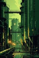 Poster - A large industrial building with a lot of pipes and lights, AI