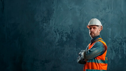 A man in a safety vest stands in front of a wall, he is wearing a hard hat and is looking at the camera with copy space