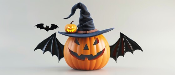 Sticker - This 3D rendering is of a Halloween pumpkin with a wizard's hat and bat wings on a white bright background.