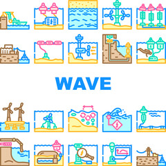 Wall Mural - wave energy plant power icons set vector. source city, green solar, dam electricity, oil biomass, electric line, wind wave energy plant power color line illustrations