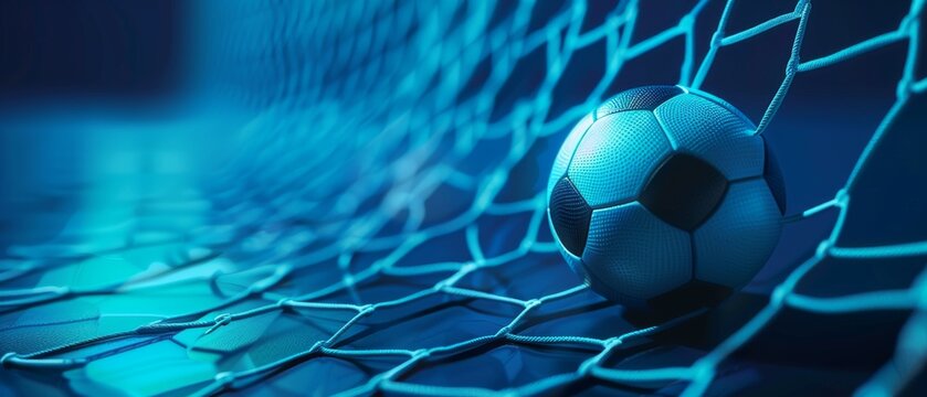 Three-dimensional rendering of soccer ball in net on dark blue background