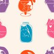 Set of silhouette cats in various glass forms and colors. Seamless pattern. Vector illustration.