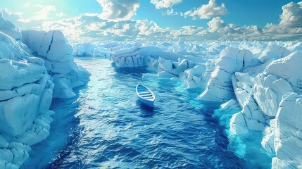 Wall Mural - A solitary boat navigating through a maze of icebergs, representing the resilience and determination to overcome obstacles on the journey of the mind.