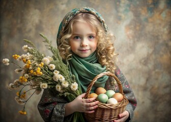 Wall Mural - Happy Easter. Christianity. Portrait of a three-year-old girl with a wicker basket with Easter eggs in her hands.