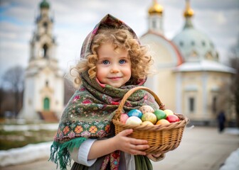 Happy Easter. Christianity. Portrait of a three-year-old girl in a Russian folk shawl with a wicker basket with Easter eggs in her hands against the background of an Orthodox church.