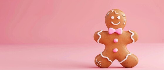 Poster - Three-dimensional rendering of gingerbread man on pink background. Christmas concept.