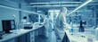 © Антон Сальников - A view of a sterile high precision manufacturing laboratory where scientists wear protective coveralls and work with computers and microscopes to conduct research in biotechnology, pharmaceutics and