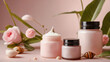 Face cream and natural cosmetics with snail mucin in glass jar on pink background. Beauty products with snail essence