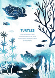 Fototapeta Dinusie - Vector vertical template with fish, turtles and seaweed on white background. Watercolor illustration with underwater nature and marine wildlife. A4. Useful for flyer, list, ad, cover, banner