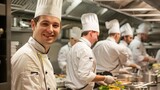 Fototapeta  - Envision a harmonious team dynamic in the commercial kitchen, led by a happy and smiling professional chef.