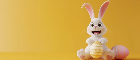 Wall Mural - An Easter bunny and an egg are displayed on a yellow background in 3D.