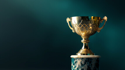 Wall Mural - a single elegant gold trophy on a marble base, centered on a dark background with a subtle spotlight
