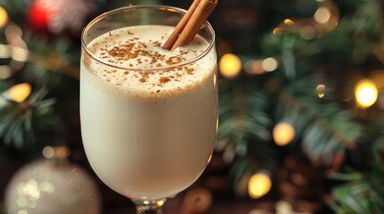 Wall Mural - A tall glass of creamy eggnog, garnished with a sprinkle of nutmeg and a cinnamon stick, evoking memories of holiday cheer and festive gatherings.