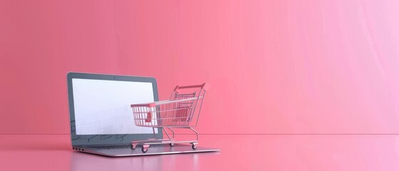 Wall Mural - Shopping cart with laptop on pink background. 3D rendering.