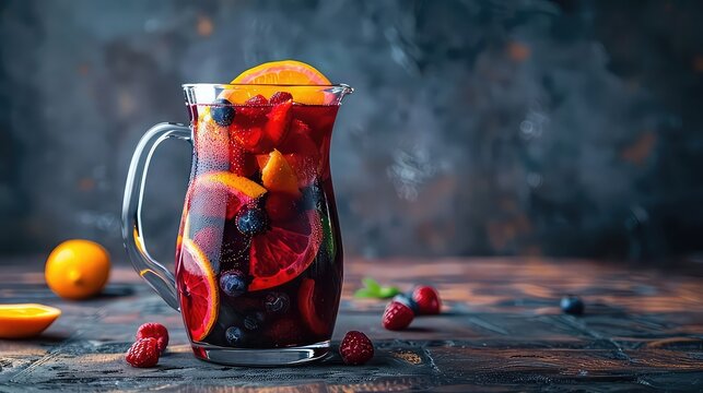 a tall pitcher of sangria, brimming with luscious red wine, juicy slices of oranges, and plump berri