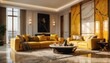 yellow marble theme penthouse living room luxury unit with sofa and morning sunlight rays from Generative AI