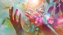 Generate An Abstract Image Featuring Woman's Hands Delicately Touching Floating Music Notes Against A Nature-inspired Background