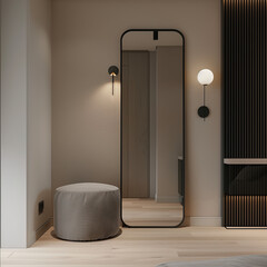 Sticker - The interior of a modern hallway with a large vertical mirror in a black frame with two sconces on the sides, a wardrobe with glass doors, a round gray ottoman, light gray walls, and a wooden floor.