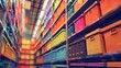 Endless rows of ceiling-high shelving, filled with boxes in a spectrum of colors under soft, warm lighting, perfect for depicting organized bulk storage in commercial settings