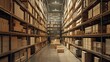 Expansive view inside a bulk storage room with high ceilings and shelves crammed with multi-hued boxes under a soft beige light, showcasing efficient space use in industry settings