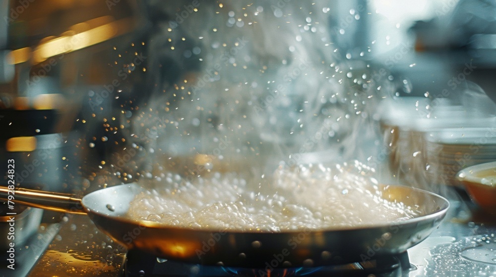 Sizzling Out Blurred out droplets of oil and steam rising from a sizzling pan in a ...