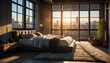 © SevenThreeSky - industrial style penthouse bedroom luxury unit and mor theme penthouse bedroom luxury unit and morning sunlight rays from Generative AI