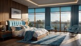 Fototapeta  - light blue wood theme penthouse bedroom luxury unit and morning sunlight rays from Generative AI