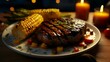 Delicious grilled steak with corn on a wooden table in the cafe, closeup