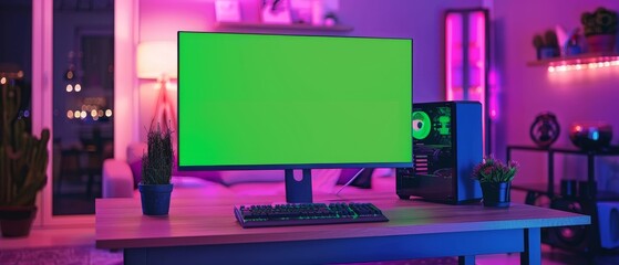 Wall Mural - A powerful gaming rig with a mock-up green screen monitor stands on a table at home. A bright neon pink light encircles the cozy room.