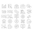 New product development icon set. Simple outline style. Product design, industry, team, accuracy, focus, billboard, business concept. Thin line symbol. Vector illustration isolated. Editable stroke.