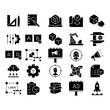 New product development icon set. Simple solid style. Product design, industry, team, accuracy, focus, billboard, business concept. Black silhouette, glyph symbol. Vector illustration isolated.
