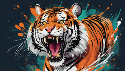 Wall Mural - furious tiger, growling and aggressively running, wildlife, action shot. tiger day. a tiger in the w