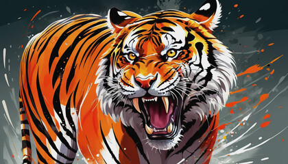Wall Mural - furious tiger, growling and aggressively running, wildlife, action shot. tiger day. a tiger in the w