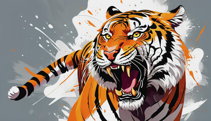 Wall Mural - furious tiger, growling and aggressively running, wildlife, action shot. tiger day. a tiger in the w