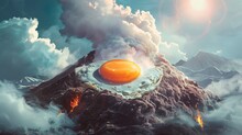 A Volcano Crater With A Sunny-side Up Egg Being Cooked In The Middle Of It, With Smoke And Sizzle