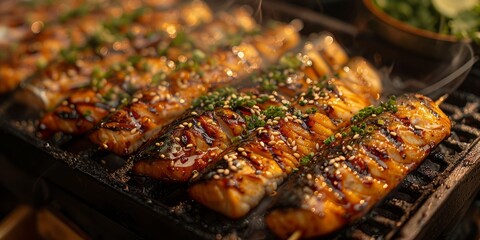 Wall Mural - Grilled salmon fish with various vegetables on pan on the flaming grill