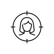 Female user target icon. Simple outline style. Woman, user target, approach, person, centric, graphic, people, business concept. Thin line symbol. Vector illustration isolated.