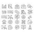 New product development icon set. Simple outline style. Product design, industry, team, accuracy, focus, billboard, business concept. Thin line symbol. Vector illustration isolated.