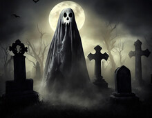 Scary Ghost In The Cemetery, Halloween, Autumn